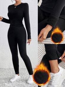 Chiquease Bộ đồ lót giữ nhiệt bằng vải nỉ dày màu trơn 2 món cho nữ (có lót giữ nhiệt), Thu/Đông, Bộ trang phục cho nữ - màu đen - Xem 4