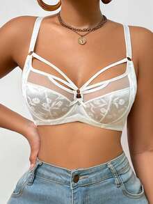 1 件女士花卉提花镂空设计时尚钢圈文胸 - 白色 - 查看 1