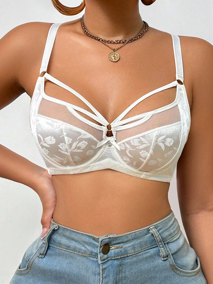 1 件女士花卉提花镂空设计时尚钢圈文胸 - 白色 - 查看 1