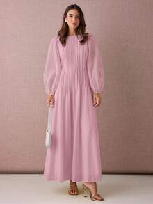 Enchnt 女式纯色简约圆领长袖连衣裙 - 藕粉色 - 查看 3