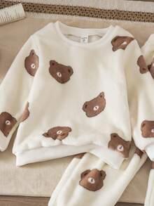 秋季小男孩休闲熊印花圆领运动衫和慢跑裤套装 - 杏色 - 查看 6