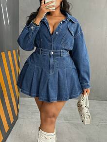 Slaydiva 大码休闲水洗褶皱牛仔裙 - 深色水洗藍 - 查看 4