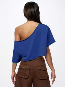 SUMWON WOMEN 露肩宽松短款T恤，不对称单肩短袖上衣，休闲日常穿着 - 藏蓝色 - 查看 2