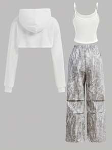 SHEIN Girlism 少女印花连帽衫、吊带背心和裤子休闲套装 - 彩色 - 查看 2