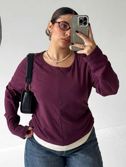 Dazy Plus Color Block Splice 2 In 1 Invisible Zipper Half-Open Collar Wine Red Christmas New Year Plus Size Slim Fit Women Long Sleeve T-Shirt, Spring/Autumn
