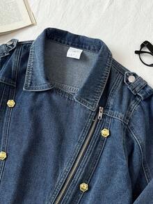 Elamini 女士时尚通勤牛仔上衣（配腰带）秋季 - 中等水洗藍 - 查看 6