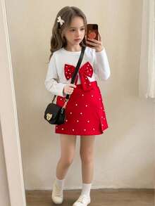 Elladie kids Dziewczęca koszulka z okrągłym dekoltem i długim rękawem, z kokardą i perłowym wzorem, z krótkimi spodenkami i wysokim stanem, z perłowym wzorem, strój na powrót do szkoły, odpowiedni na święta i Boże Narodzenie, w kolorze czerwonym