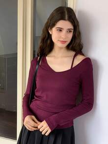 Dazy Kids Teen Girl Casual Everyday Commute Minimalist Solid Color Ribbed Asymmetrical Neck Fitted T-Shirt, Spring/Autumn - Red Violet - View 2