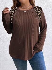 EMERY ROSE Plus Size Solid & Leopard Print Patchwork Crew Neck Long Sleeve Sweatshirt - Multicolor - View 5