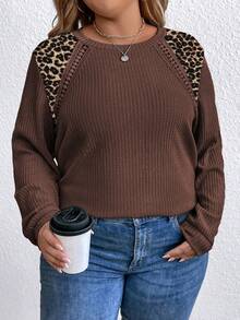 EMERY ROSE Plus Size Solid & Leopard Print Patchwork Crew Neck Long Sleeve Sweatshirt - Multicolor - View 6