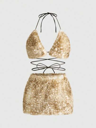 J-Fashion Top de bikini moelleux avec imprimé de taches de cerf sexy Y2K pour femmes