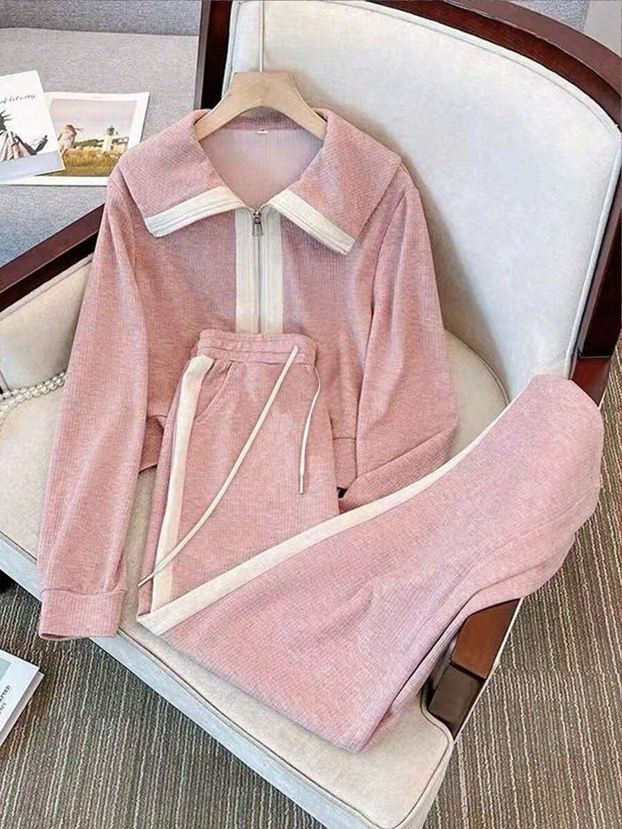 Franclia 立领拉链落肩上衣+拼布斜口袋休闲裤 - 粉色 - 查看 1