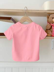 SHEIN Kleine Mädchen Happikins Fröhliche Weihnachten süßer glitzernder strukturierter Stern & Schleife Weihnachtsbaum Muster pudrig rosa festliche lässige minimalistische Rundhals Kurzarm T-Shirt, geeignet für Sommer Weihnachten - Verschiedenfarbig - Übersicht 3