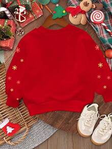 SHEIN Frohe Weihnachten, Lässig Minimalistischer Weihnachts-Pullover für Kleine Mädchen mit niedlichem Cartoon-Motiv des Rentiers mit roter Nase, buntem Polka-Punkt-Schneeflocken-Muster, in festlichem Rot, locker geschnittener Rundhals-Pullover aus bequemem Strick, geeignet für Herbst/Winter, passend für Weihnachten