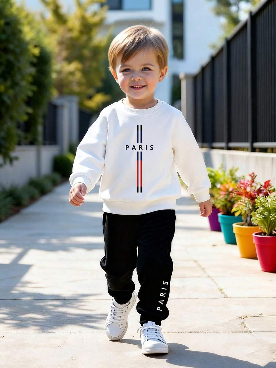 2 件男童图案 T 恤休闲舒适运动衫套装、字母印花上衣、长袖衬衫和运动裤，适合秋冬 - 彩色 - 查看 1