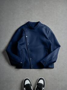 Manfinity EMRG Men's Oblique Button Long Sleeve Jacket, Asymmetrical Button Design Casual Jacket, Recommended Gift For Husband, Boyfriend, Friend Blue Bomber Jacket Cropped Men Jacket Cropped Zip Up Men Cropped Blazer Navy Blue Jacket - Navy Blue - View 5