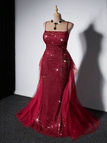 Viva Relle Plus Size Women Solid Color Sequin Contrast Mesh Ruffle Hem Slip Dress - Burgundy - View 1