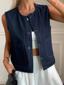 Livesso 女士夏季圆领无袖休闲牛仔夹克