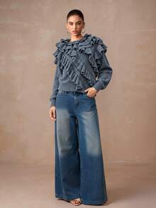 Lumalex VITNOS 奢华秋冬新款女士宽松休闲高领长袖针织灰色毛衣，饰有荷叶边下摆和亮片装饰，层叠荷叶边设计，适合假日度假穿着。这款荷叶边针织衫采用灰色荷叶边设计，休闲舒适，适合日常穿着，秋冬休闲风，尽显时尚魅力，是派对造型的理想之选。这款奢华毛衣适合秋冬穿着，也适合新年、大地色系女性、优雅女性、法式优雅、舒适保暖，是周末、秋季工作日等场合的时尚之选，适合约会、外出、夜生活、派对、婚礼、假日、度假、生日等各种场合。