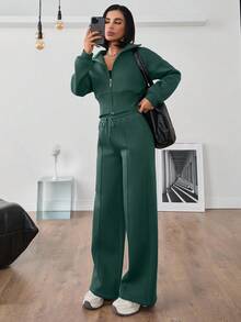 EURMUSE WOMAN COSY TWO PIECES LOUNGEWEAR WITH DOUBLE SIDE ZIPPER - Mint Green - View 4