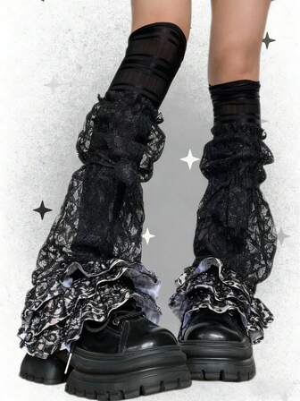 Anime 1 par de calentadores de piernas con volantes de encaje negro y estampado de leopardo, estilo punk Y2K Baddie, diseño minimalista y salvaje para mujer, adecuado para uso diario, fiestas, reuniones, estilo JK