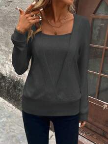 SHEIN Clasi Solid Square Neck Sweatshirt,Long Sleeve Top,Graduation,Teacher,Back To School In Fall/Winter - Dark Grey - View 4