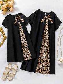 SHEIN Tween Girls Casual Minimalist Round Neck Short Sleeve Bow & Leopard Print Patchwork Long Comfortable Dress - Black - View 5
