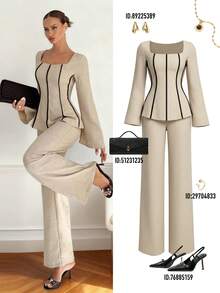 Siren Gaze 2pcs Contrast Trim Flare Sleeve Shirt And Pants Set, Autumn Winter Casual Spring - Apricot - View 7