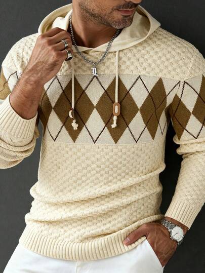 Manfinity Homme Men's Hooded Knit Sweater, Adjustable Drawstring Hood, Autumn/Winter Pullover, Textured Men Sweater, Suitable For Outdoor Work And Casual Wear, Great Gift For Boyfriend Or Family Khaki