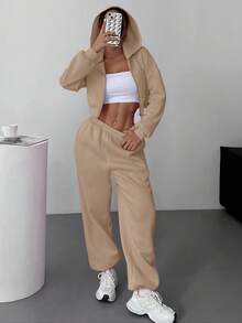 SHEIN EZwear Bộ đồ thể thao thường ngày bằng vải kaki dệt kim dành cho nữ - Màu Khaki - Xem 3