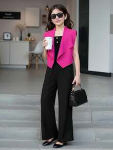 Tween Girl Elegant Solid Color Top & Jumpsuit 2 Pieces Set - Multicolor - View 8