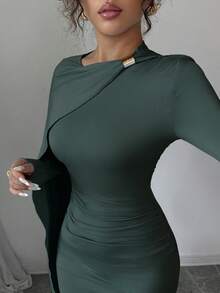 Elenzga Váy dự tiệc sinh nhật màu xanh da trời thanh lịch mùa hè mới, váy dài xếp ly eo đa năng dành cho nữ - màu xanh lá - Xem 5