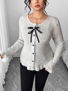 Elenzga Women's Autumn/Winter New Round Neck Bow Knit Long Sleeve Cardigan, Sweet & Soft, Versatile & Fashionable - Light Grey - View 6