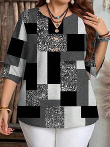 EMERY ROSE Plus Size Casual Colorblock Geometric Pattern Round Neck Shirt, Suitable For Spring And Autumn - Grey - View 6