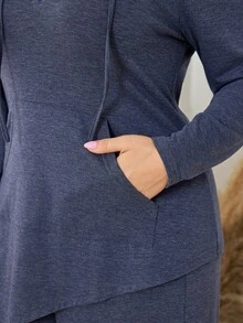 Lacomfia 女式连帽长袖不对称下摆口袋上衣和阔腿裤休闲家居服套装，温暖、简约、舒适、加大码 - 彩色 - 查看 4