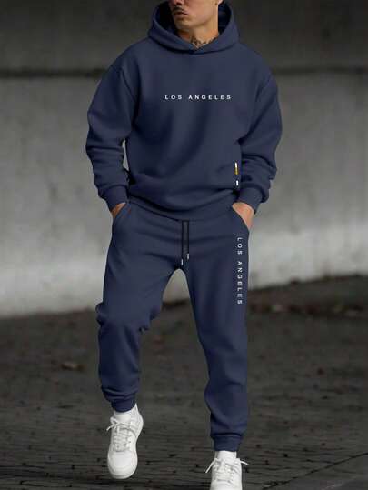Manfinity Homme 宽松男士字母印花连帽衫和运动裤两件套设计师运动服男士休闲套装，适合冬季穿着，带保暖内衬