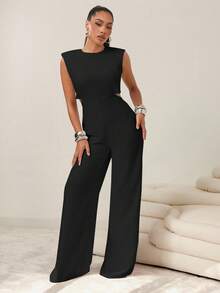 Vixey Fashionable Commuter Solid Color Sleeveless Jumpsuit - Black - View 3