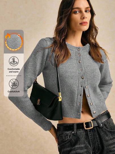 Poéselle Autumn And Winter Women's Khaki Round Neck Long Sleeve Single-Breasted Casual Short Wool Knit Thick Cardigan, Short Jumper, Cute Jumper, Fall Women Clothes, Going Out Tops, Business Casual Woman, Fall Sweaters, Office Attire, Basic Sweaters