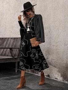 EMERY ROSE 女士艺术线条肖像印花长裙，适合秋冬，适合外出约会通勤上班，别致 - 彩色 - 查看 3