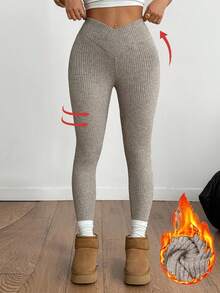 Coolane Damen Herbst/Winter Streetwear Lässig Minimalistisch Basic Alltagskleidung Rippenstruktur Strick Dehnbar Bequem Beige Fleece Leggings/Strumpfhosen - Aprikosenfarben - Übersicht 6