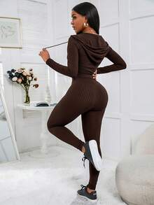 Zolique Women's Solid Color Long Sleeve Zip-Up Hooded Top And Drawstring Pants Casual 2 Pieces Set, Autumn - Brown - View 2