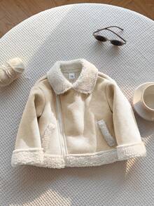 SHEIN Unisex Baby Khaki Patchwork Fluffy Thickened Suit Collar Jacket, Suitable For Baby Boys And Girls In Autumn/Winter - Apricot - View 6