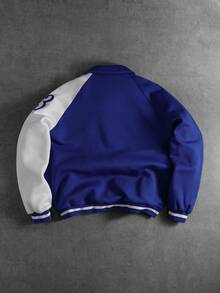 Aesthetic Post 男士时尚休闲学院风印花长袖夹克，蓝色棒球夹克 - 藍白色 - 查看 2