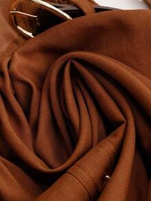 GlowEve Women's Brown Vintage Knit Top Paired With Woven Pleated Midi Skirt, Round Neck Long Sleeve, Metal Button Belt, Elegant Fitted Dress For Commute, Autumn/Winter - Brown - View 3