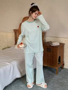 DAZY Ropa de estar en casa informal con cuello redondo y mangas largas a rayas para adolescentes - Verde - Ver 6