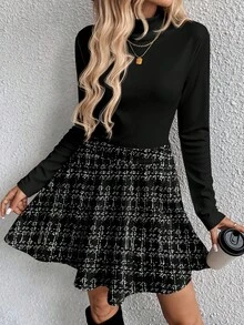 SHEIN LUNE 2pcs/Set Black Ribbed Turtleneck Long Sleeve Top + Plaid A-Line Midi Skirt, Fashionable Casual Outfit For Autumn/Winter