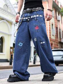 ROMWE MEN Street Life Men's Washed Double Waistband Wide Leg Jeans - Blue - View 3