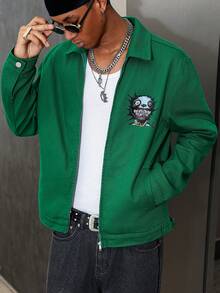 Manfinity ZONE917 Men's Casual Cartoon Pattern Zip-Up Denim Long Sleeve Jacket, Autumn OVERSIZE Regular Washed Party College Washed Denim Jacket - Green - View 6