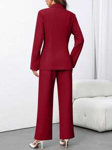 EMERY ROSE Conjunto de traje elegante de chaqueta blazer de manga larga de unicolor + pantalones para mujer - Burdeos - Ver 2