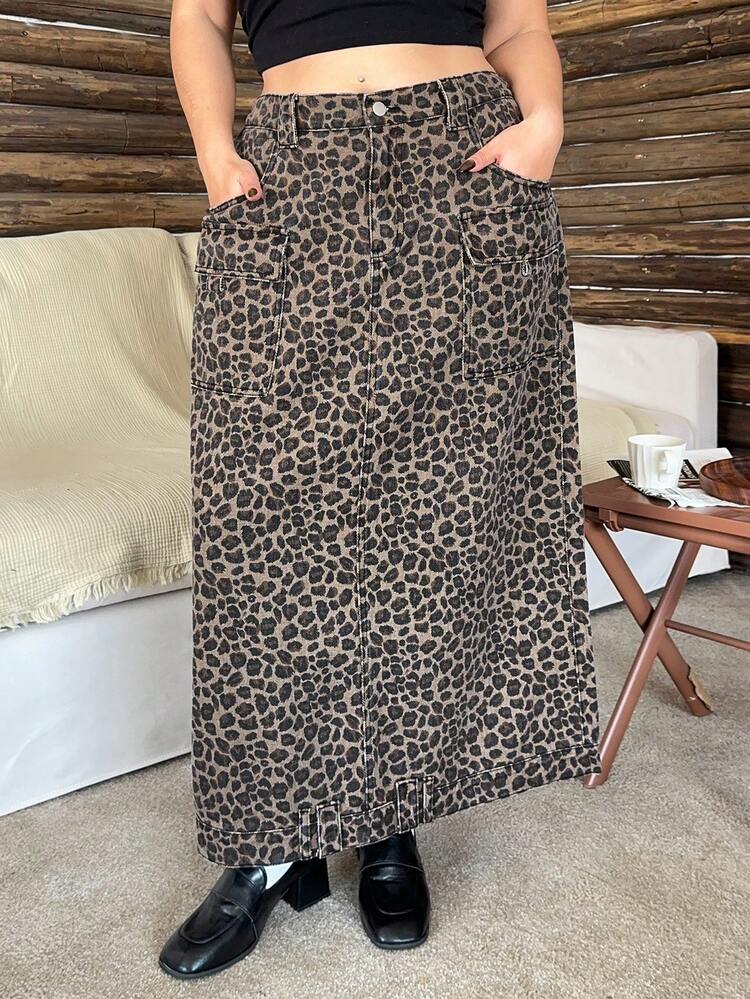 Dazy Plus Plus Size Women Leopard Print Casual Straight Pocket Denim Skirt, Spring/Autumn